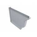 White aluminum gutter end cap component on a white background
