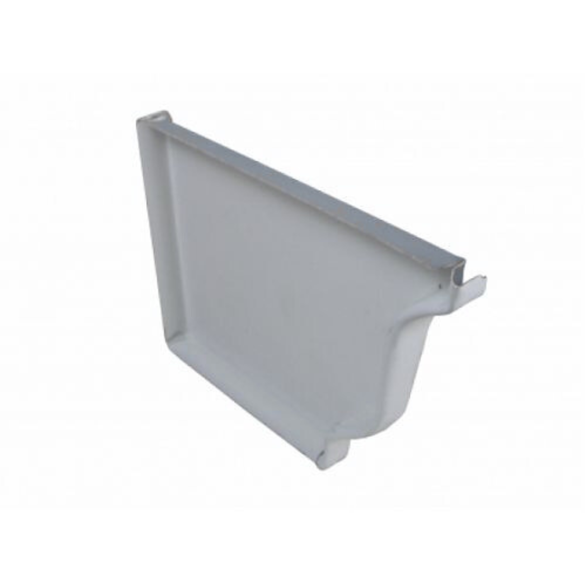 White aluminum gutter end cap component on a white background