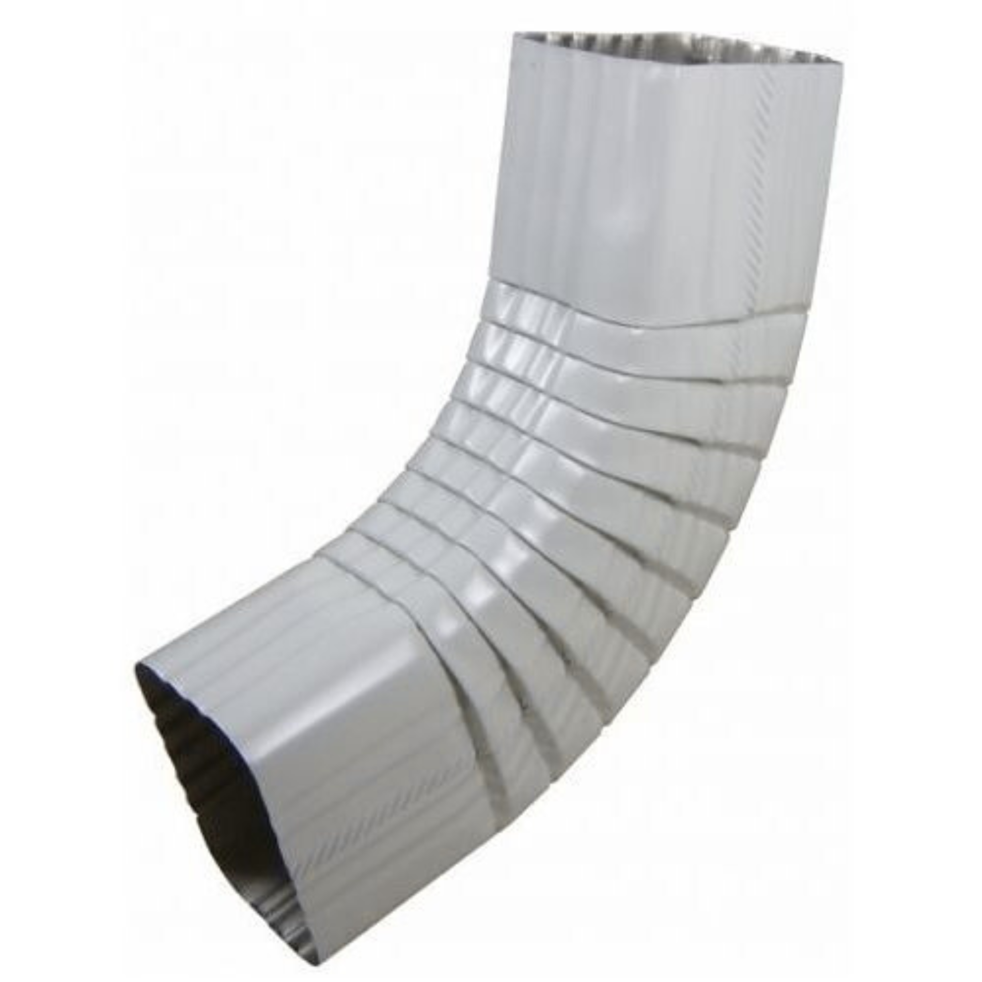 Curved aluminum downspout for gutters on a white background