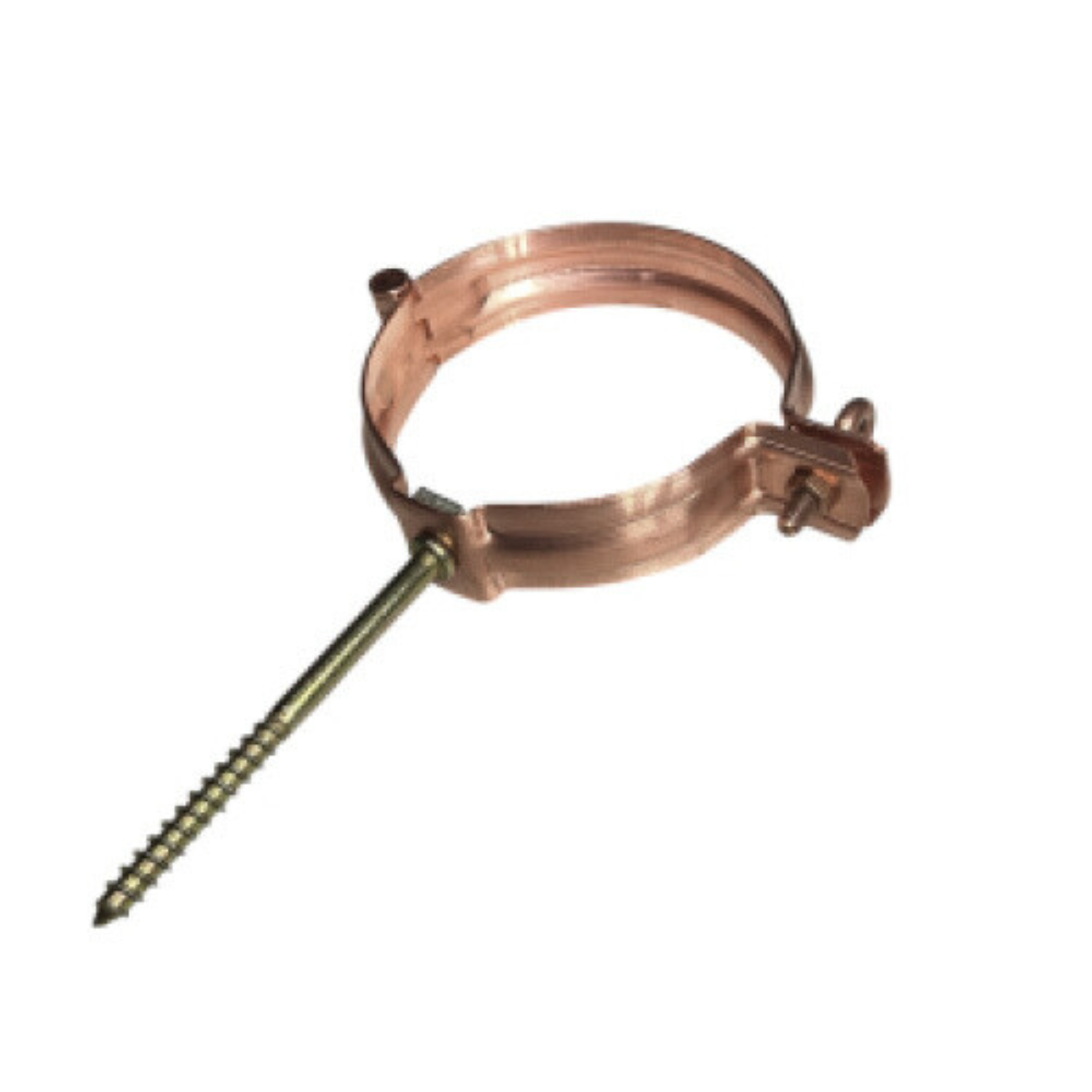 Copper round downpipe bracket with a screw on a white background
