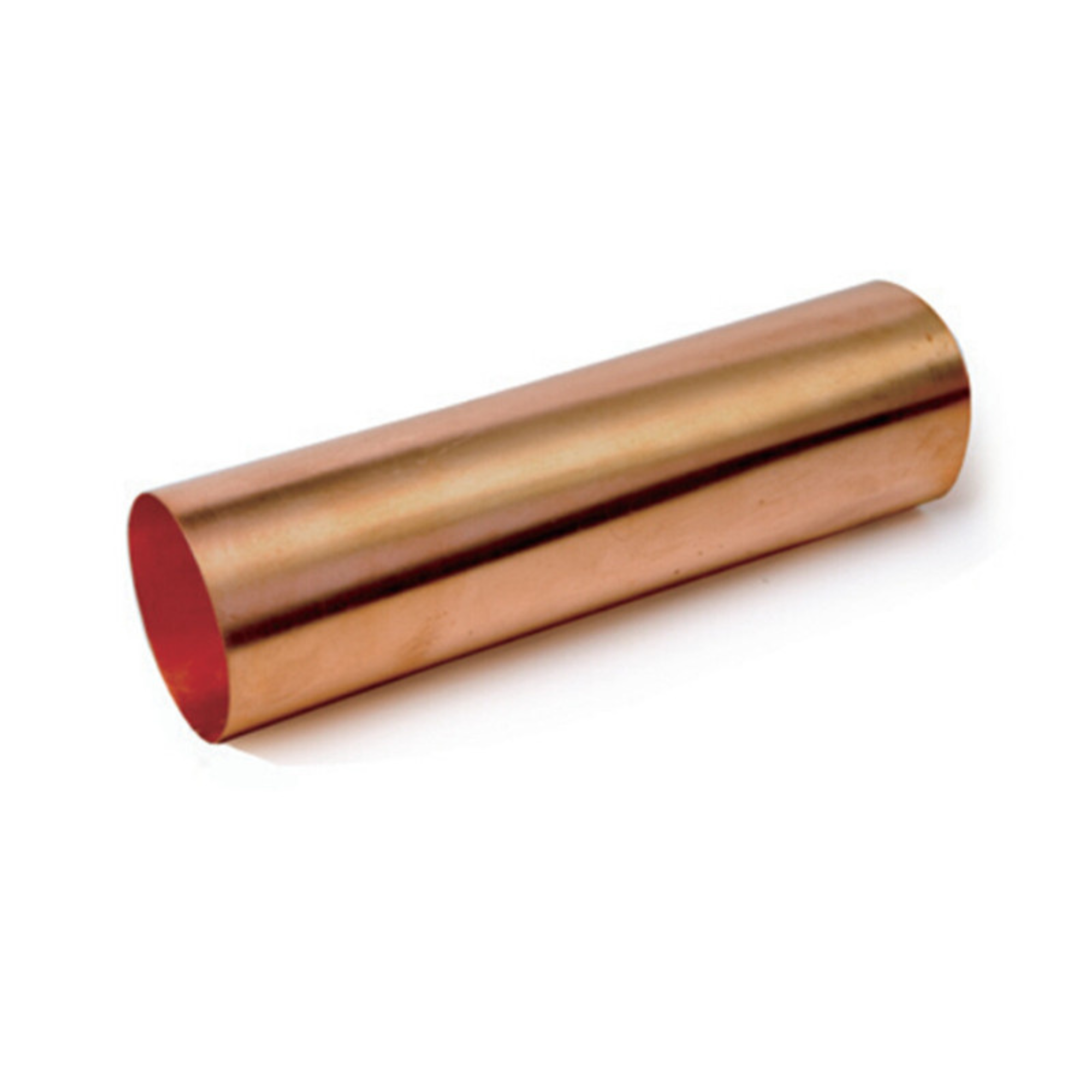 Cylindrical piece of copper metal on a white background