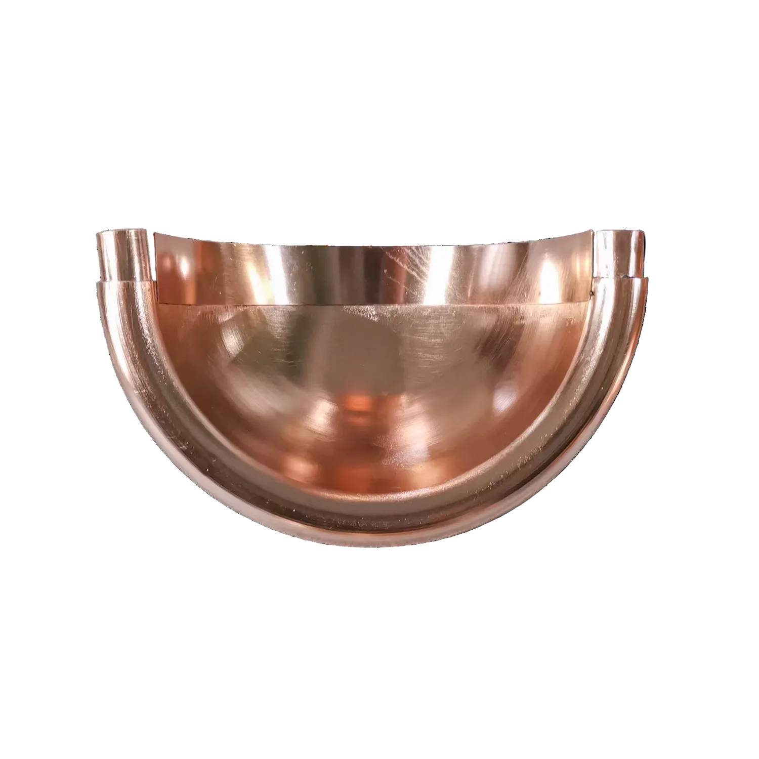 Copper half-round gutter end cap on a white background