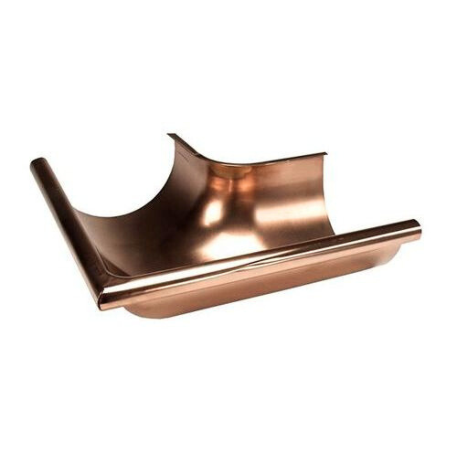 Copper half round outside box gutter on a white background